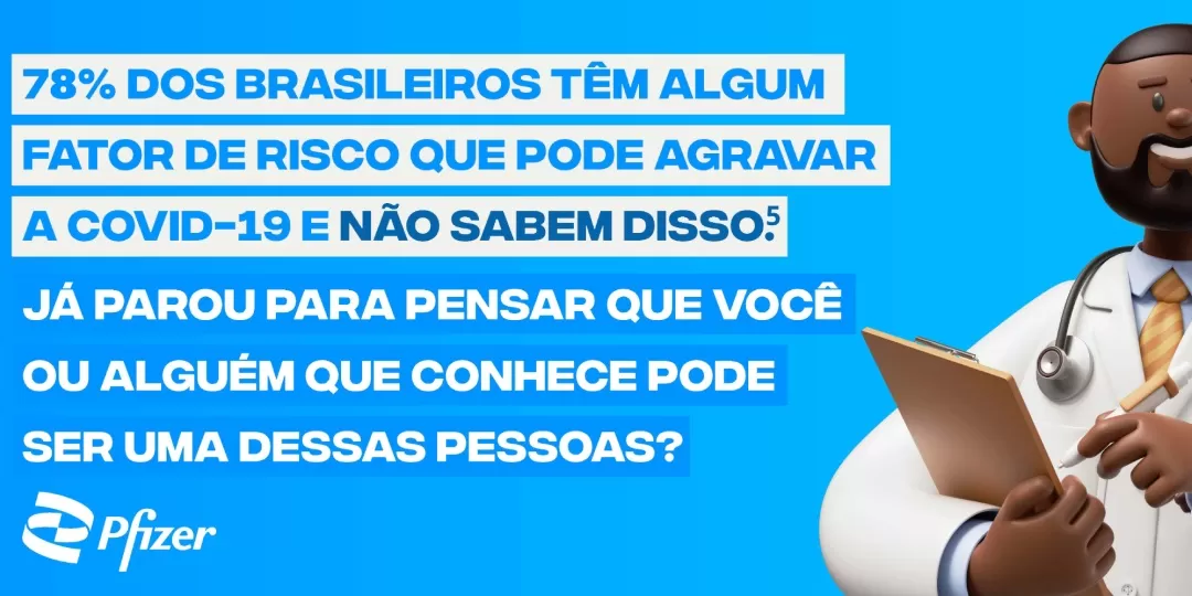 Texto "78% dos brasileiros têm algum fator de risco que pode agravar a Covid-19 e não sabem disso"